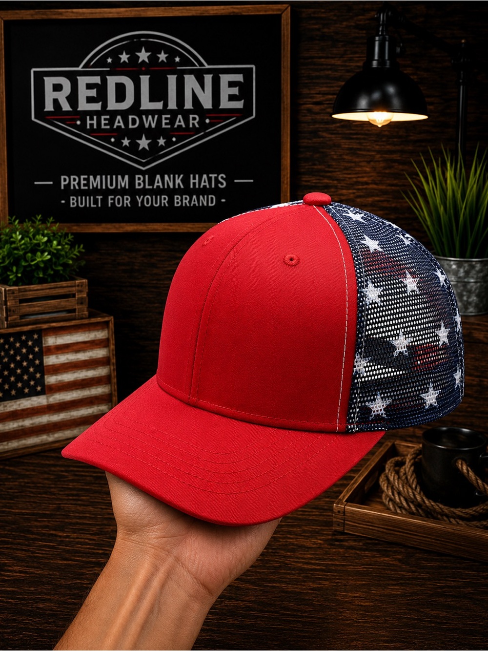 Red Tactical Operator Trucker Hat | American Flag Mesh Snapback Cap